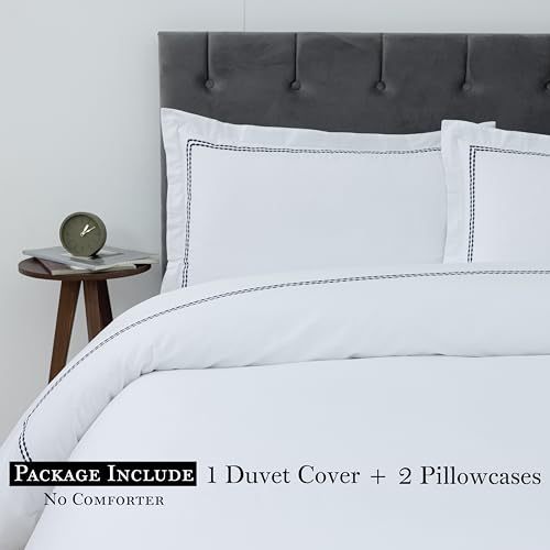 Dreamology White Duvet Cover Luxury Hotel Quality Bedding Set 100% Cotton Embroidered Duvet Covers with 2 Pillow Shams Hypoallergenic Zipper Closure 3 Pieces Duvet Set (Blue T-200, Full) Dreamology