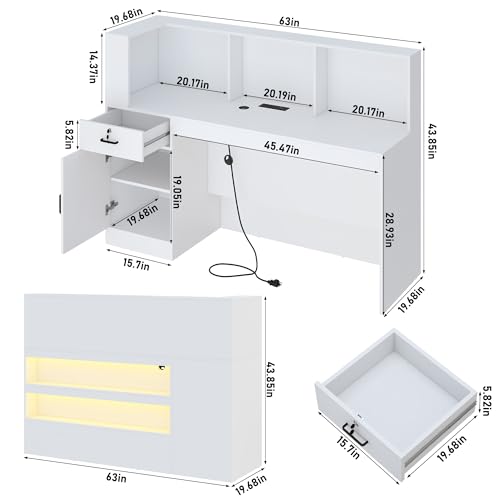63" Reception Desk with LED Lights Power Outlets,L-Shaped Modern Front Table Reception Room Table with Cable Grommet,Lockable Drawers,Retail Checkout Counter for Lobby,Salon,Home Office Desk,White