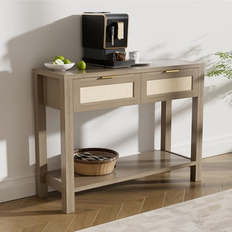 YUUIJOAA Boho Chic Console Table with 2 Rattan Drawers and Open Shelf Storage, Narrow Farmhouse Sofa Table for Small Space Entryway, Living Room,Hallway, Caramel Oak YUUIJOAA