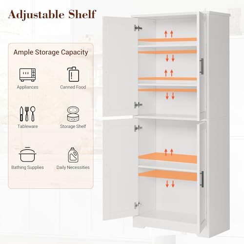 GarveeHome Pantry Cabinet, Freestanding Kitchen Pantry Storage Cabinet,70 in Cupboard, Tall Storage Cabinet with Doors and Adjustable Shelves,for Bathroom, Dining Room, Living Room (White-Classic) GarveeHome