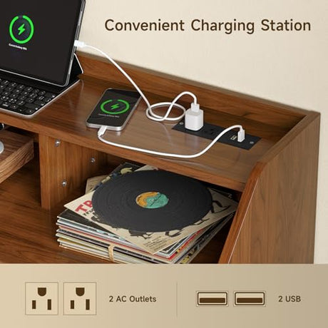 55 Inch Record Player Stand with LED Light, Modern Vinyl Record Storage Cabinet with 2 Drawers & Open Shelves, Holds up to 500 Albums, Turntable Stand w/Charging Station for Living Room Bedroom Walnut ONBRILL