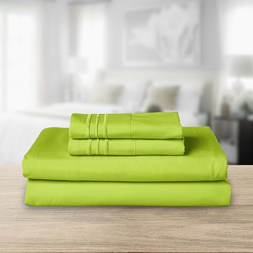 Elegant Comfort Luxurious 1500 Premium Hotel Quality Microfiber Three Line Embroidered Softest 4-Piece Bed Sheet Set, Wrinkle and Fade Resistant, Queen, Lime Elegant Comfort