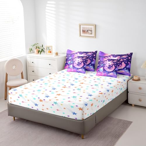 Feelyou Kids Cute Axolotl Comforter Set with Sheets Twin Size, Galaxy Planet Space 7 Pieces Bedding Set Boys Girls Cartoon Animal Bed in A Bag Dreamy Starry Teens Bed Set Bedroom Decor 7Pcs Feelyou