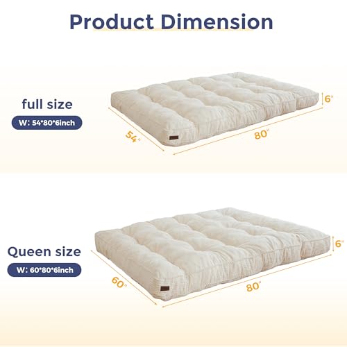 MAXYOYO 6" Futon Mattress Full Size, Tufted Futons Sofa Couch Bed with Twisted Rope Design Edging, Thick Corded Fabric Floor Mattress for Adults, Shredded Foam Filling (Frame Not Included), Beige MAXYOYO