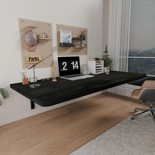 IAE Floating Wall Mounted Folding Table Desk with Pine Wood,48" x 22" Folding Workbench,Fold Down Wall Mounted Foldable Desk with Shelf Brackets,Laundry Table for Home,Dining,Office,Kitchen,Black IAE