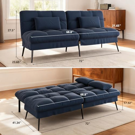 COMHOMA Convertible Sofa Bed,72″Fabric Couch with Adjustable Backrest,Loveseat Recliner Sleeper Living Room Furniture futon Set (Blue) COMHOMA