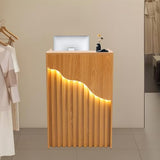 Small Reception Desk with Lockable Drawer, 37.8 x 23.6 x 15.7 Inch Modern Front Desk Counter with Grille Design, White Wooden Retail Checkout Table for Salon Clothing Store Office Hotel (Oak Color)