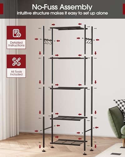 Sakugi Storage Shelves - 5-Tier Large Capacity Shelf Organizer with Hooks, Heavy-Duty Garage Shelving with Leveling Feet, Wobble-Free Rack for Bedroom, Balcony, Garage, 18.1"×12.4"×56.8", Black Sakugi