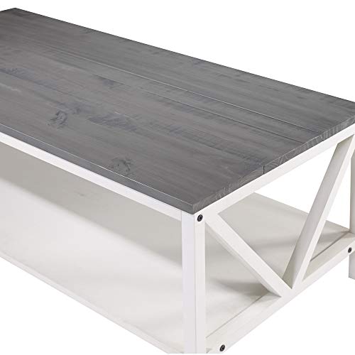 Walker Edison Modern Farmhouse Distressed Wood Rectangle Coffee Table Living Room Ottoman Storage Shelf, 49 Inch, Grey and White - WoodArtSupply