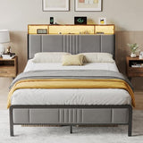 BedsPick Full Size Bed Frame with Ergonomic Headboard, Upholstered Metal Platform Bed Full with 2-Tier Storage, Charging Station, Smart LED Lights, Easy Assembly, No Box Spring Needed, Gray BedsPick