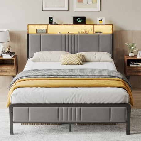 BedsPick Full Size Bed Frame with Ergonomic Headboard, Upholstered Metal Platform Bed Full with 2-Tier Storage, Charging Station, Smart LED Lights, Easy Assembly, No Box Spring Needed, Gray BedsPick
