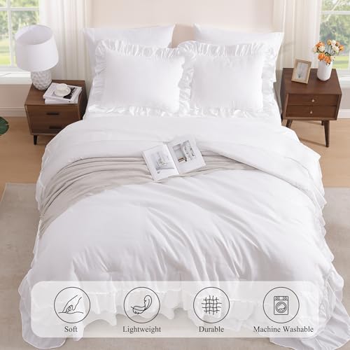 AMBERSPACE Queen Comforter Set White, Ruffle Shabby Chic Bedding Set Farmhouse 7 Pieces, All Season Fluffy Bed in a Bag with Sheets, Pillowcases & Shams AMBERSPACE