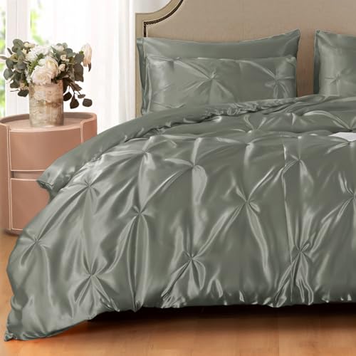 Heywaller 5-Piece Pinch Pleat Duvet Cover Set, Pintuck Duvet Cover Full Size with Zipper, Gray Satin Duvet Cover Shabby Chic Bedding (2 Pillow Shams + 2 Pillowcases), No Comforter Heywaller