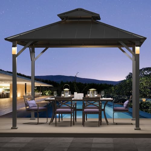 Modern Shade 10' x 10' Hardtop Gazebo Metal Gazebo Outdoor with 4 LED Lights Permanent Pavilion Hard Top Gazebo with Galvanized Steel Roof & Frame Patio Gazebo for Backyard, Deck, Garden, Law - WoodArtSupply