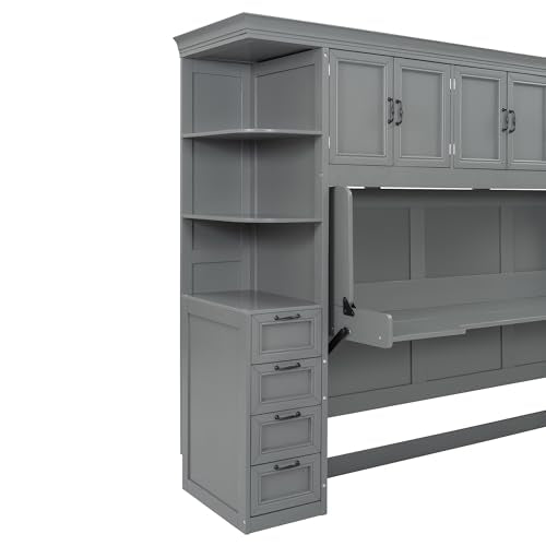MERITLINE Twin Horizontal Murphy Bed with Desk and Storage Wardrobe,Cabinets,Shelves and Drawers, Wood Space-Saving Hidden Murphy Wall Bed for Teens Adults (Twin,Grey) MERITLINE