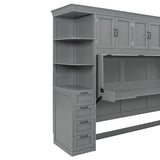 MERITLINE Twin Horizontal Murphy Bed with Desk and Storage Wardrobe,Cabinets,Shelves and Drawers, Wood Space-Saving Hidden Murphy Wall Bed for Teens Adults (Twin,Grey) MERITLINE