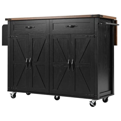 Merax 53.5" Kitchen Cart Island on Wheels with Power Outlet,Drop Leaf,Farmhouse Wood Frame Storage Cabinet for Dining Room