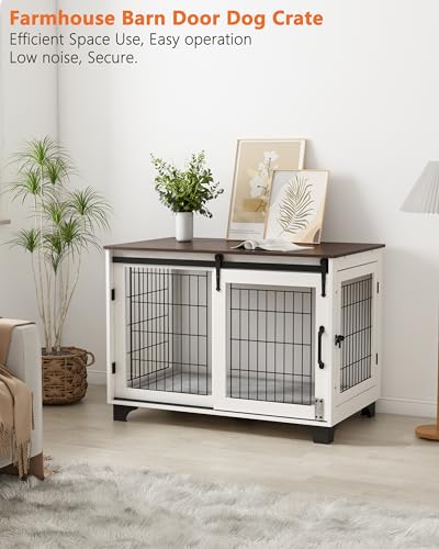 Piskyet Dog Crate Furniture Barn Door Dog Crate for Large Dogs Up to 60 lbs,Sliding Door Dog Crate Modern Decorative End Side Table Nightstand - WoodArtSupply