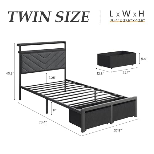 Fluest Twin Bed Frame with Storage Drawers, Upholstered Headboard with Charging Station, LED Lights, Fabric Drawers with Wheels, Under Bed Storage, No Box Spring Needed, Easy Assembly, Grey Fluest