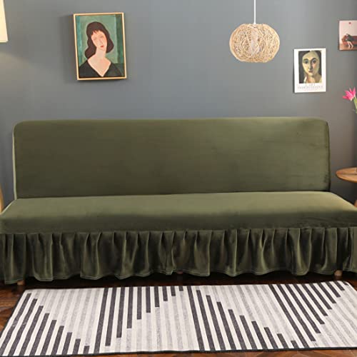 YOPOIY Armless Futon Cover with Skirt Ruffled Stretch Sofa Bed Cover Thick Soft Cozy Velvet Fabric Form Fitted Stay in Place Stain Resistant -Olive green-180-200cm YOPOIY