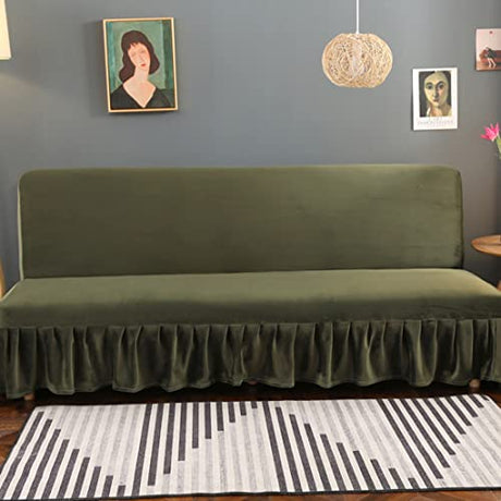 YOPOIY Armless Futon Cover with Skirt Ruffled Stretch Sofa Bed Cover Thick Soft Cozy Velvet Fabric Form Fitted Stay in Place Stain Resistant -Olive green-180-200cm YOPOIY