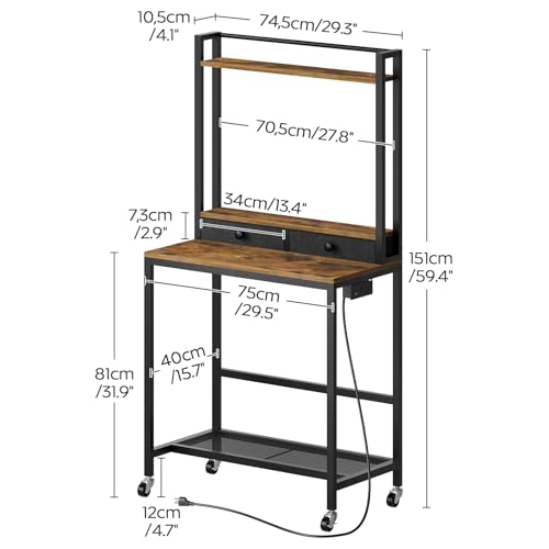 YATINEY Computer Desk with Hutch and Drawers, Home Office Desk with Power Outlets, Gaming Desk with Monitor Stand and Wheels, for Living Room, Home Office, Rustic Brown DN02UBR YATINEY