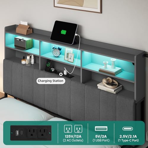 YITAHOME Queen Bed Frame with 2-Tier Storage Shelves and Bookcase Headboard,LED Light Queen Size Bed with Charging Station, No Box Spring Needed/Noise Free, Dark Gray YITAHOME