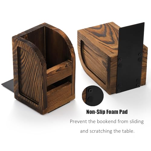 Nicunom 2 Pcs Bookends for Shelves, 2-in-1 Wooden Bookend with Desk Supply Holds, Non-Skid Book Ends Book Stopper, Sturdy Book Holder Organizer Decorative Bookends for Home Office