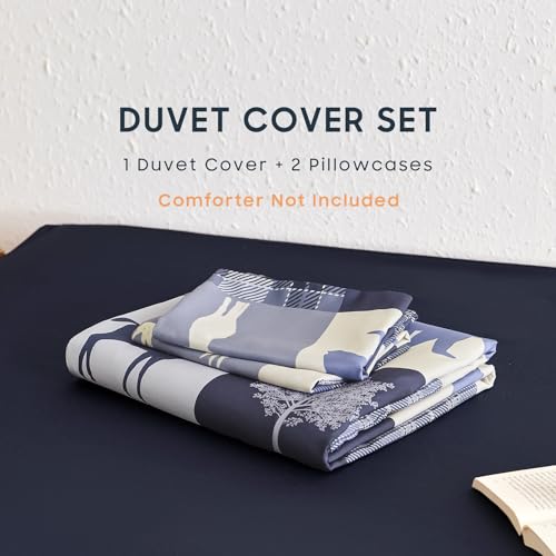 Wake In Cloud - Rustic Duvet Cover Set, Cabin Christmas Lodge Western Country Bear Deer Holiday RV Outdoor Winter Theme, Soft Lightweight Bedding, 3-Piece, Blue Beige, Twin/Twin XL Size Wake In Cloud