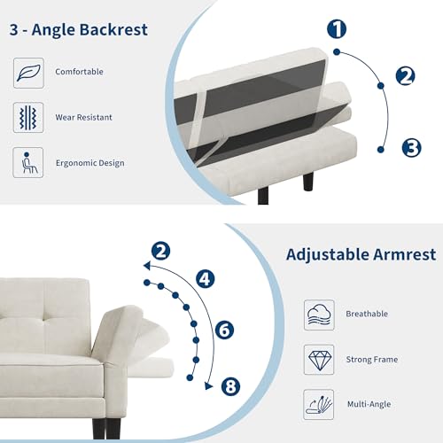 IDEALHOUSE 89" Futon Sofa Bed, Modern Chenille Sleeper Couch with Adjustable Backrest & Armrest, Convertible Futon Couch for Living Room Bedroom Apartments, Beige IDEALHOUSE