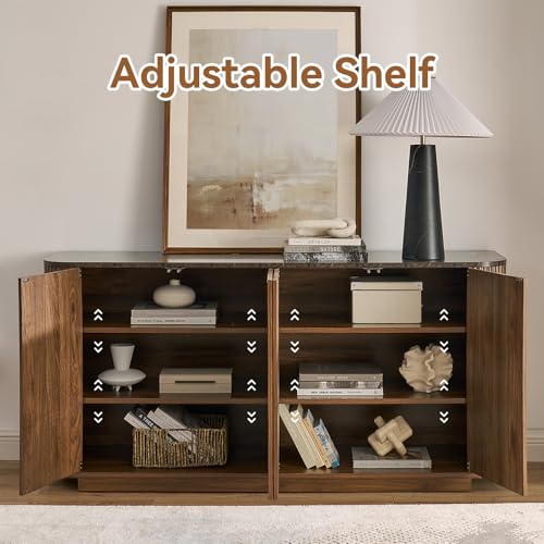 SZTHHDF 64" Sideboard Buffet Cabinet with Storage, Modern Fluted Credenza with Adjustable Shelves, Wood Faux Marble-Top Coffee Bar Console Table for Living Room Kitchen Dining Room, 31.5" H, Walnut SZTHHDF