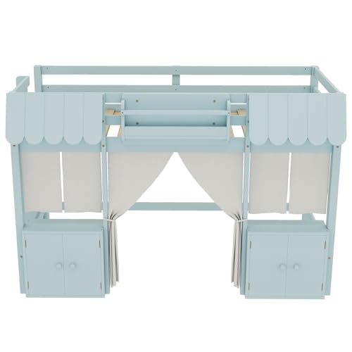 Harper & Bright Designs Twin Size Low Loft Bed for Kids, Solid Wood Loft Bed Frame with Built-in Bookshelf, Storage Shelf, Curtain, Guardrail and Ladder for Boys Girls, Easy Assembly, Light Blue Harper & Bright Designs
