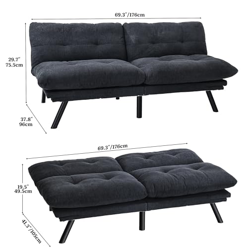 YITAHOME Convertible Futon Sofa Bed with Adjustable 3 Color Light Strip, 70" Folding Futon Set for Living Room Home Office Aprtment, Modern Futon Couch with Adjustable Backrest & Armrests, Black YITAHOME