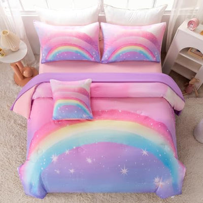 BYHOFMLY Glitter Rainbow Queen Size Girls Bedding 6 Pieces Colorful Galaxy Comforter Set with Sheets Pink Purple Gradient Bed in A Bag for Kids Teen Girl (Glitter Rainbow, Queen)