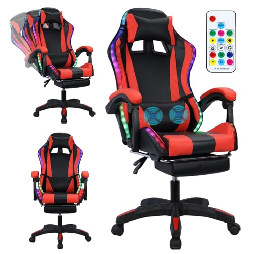Gaming Chair with Bluetooth Speakers ＆ LED Lights, Ergonomic Massage Computer Chair Height Adjustable, Video Game Chair with 360° Swivel Seat and Headrest, High Back Lumbar Support Design cukoekim