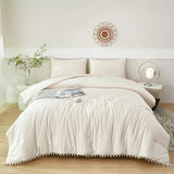 PERFEMET Beige Bed in A Bag Full Size 5 Pieces Aesthetic Pom Pom Bedding with Sheet Set Soft Fluffy Cream Boho Solid Bed Set for All Seasons(Beige Cream, Full) PERFEMET
