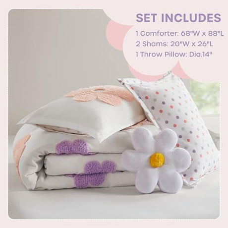 Intelligent Design Kids Full Comforter Set for Girls, Tufted Chenille Floral Comforter Set Queen, Lightweight Polka Dot Reversible Bed Set, Shams, Pillow, Gracie, Full/Queen White/Purple 4 Piece Intelligent Design