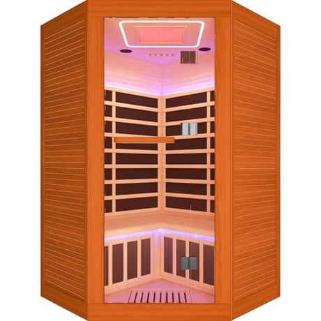 OUTEXER 2-3 Person Sauna Corner Sauna Far Infrared Saunas Room Home Canadian Hemlock Indoor 2100W Low-EMF Dry Saunas with Red Light Therapy Beauty Lamp 47.2 * 47.2 * 74.8inch OUTEXER