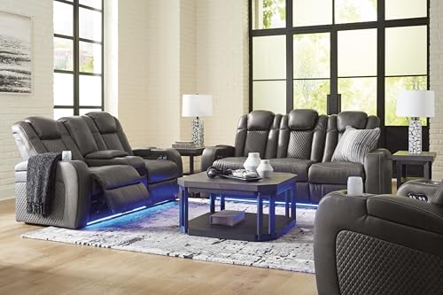 Signature Design by Ashley Fyne-Dyme Contemporary Power Reclining Loveseat with Console, USB Charging Ports and Adjustable Headrest, Gray Signature Design by Ashley