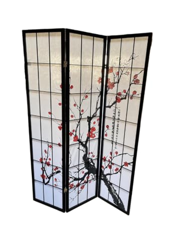 BlossomView Japanese Room Divider, Plum Motifs 3-8 Panel (Black, 3 Panels) Generic
