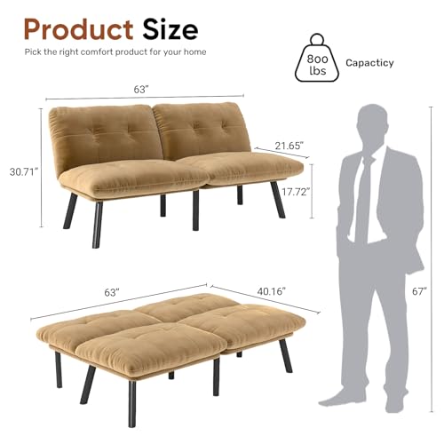 homeokay Futon Sofa Sleeper Couch Bed with Adjustable Backrest Thick Cushion Velvet Fabric for Department Living Room Lounge Sofa Loveseat (Brown) homeokay