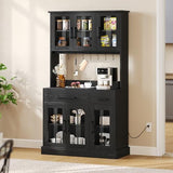 YITAHOME 71'' Kitchen Pantry Storage Cabinet with Microwave Stand, Tall Freestanding Hutch Cabinet with Power Outlet, Pantry Cabinet with Buffet Cupboard, Drawers and Acrylic Doors for Home, Black YITAHOME