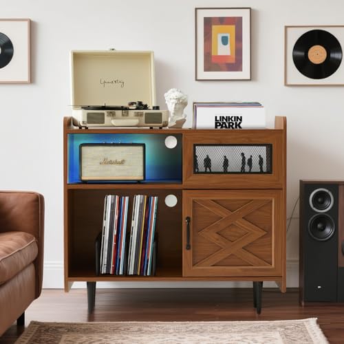 Citybay Vinyl Record Player Stand with Charging Station & RGB Lights,Holds up to 350 Albums, Solid Wood Cabinet with Metal Legs for Turntable, Living Room Citybay