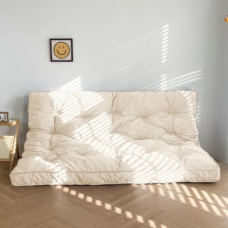 MAXYOYO 6" Futon Mattress Queen Size, Velvet Thick Futons Sofa Couch Bed, Floor Mattress for Adults, Shredded Foam Filling (Frame Not Included), Beige, 60x80 Inch MAXYOYO