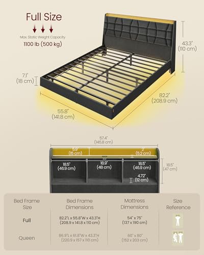 VASAGLE Full Size Floating Bed Frame with LED Lights, Upholstered Full Bed Frame with Charging Station, Tufted Storage Headboard, Noise-Free, No Box Spring Needed, Dark Gray URMB852G71V1 VASAGLE