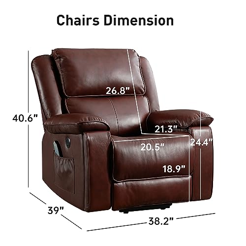 Bonzy Home Genuine Leather Lift Recliner Chair with Heat and Massage, Leather Power Lift Recliner RV Recliner for Adults Elderly, 2 Hidden Cup Holders, USB Port, Red Brown