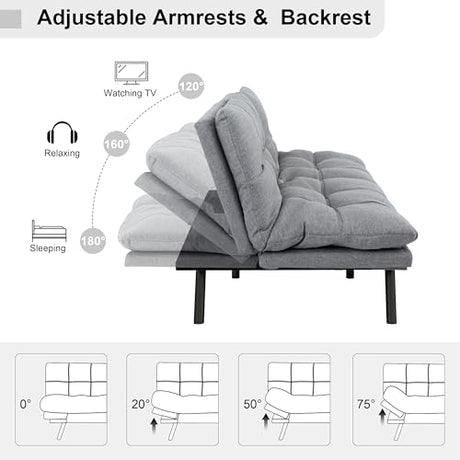 MUUEGM 71" Futon Sofa Bed, Comfortable Memory Foam Futons Sofa with Adjustable Backrest & Armrests, Convertible Loveseat Futon Bed for Compact Living Room, Apartment, Office, Grey MUUEGM