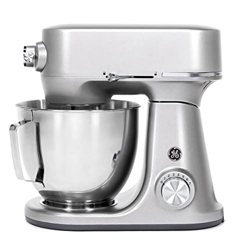 GE Tilt-Head Electric Stand Mixer | 7-Speed, 350-Watt Motor | Includes 5.3-Quart Bowl, Flat Beater, Dough Hook, Wire Whisk & Pouring Shield | Countertop Kitchen Essentials | Granite Gray GE