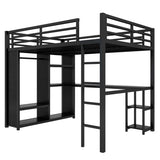 Queen Size Loft Bed with Built-in Wardrobe, Metal Loft Bed Frame with Desk and Storage Shelves, Black Bellemave