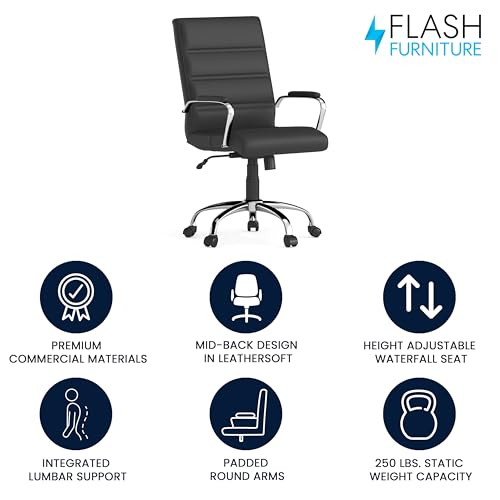 Flash Furniture Whitney Mid-Back Swivel LeatherSoft Desk Chair with Padded Seat and Armrests, Adjustable Height Padded Office Chair, Black Flash Furniture